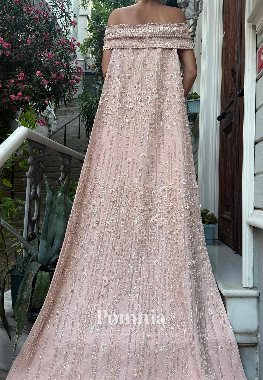 Blushing Pink Off-Shoulder Pearls Satin Evening Dress