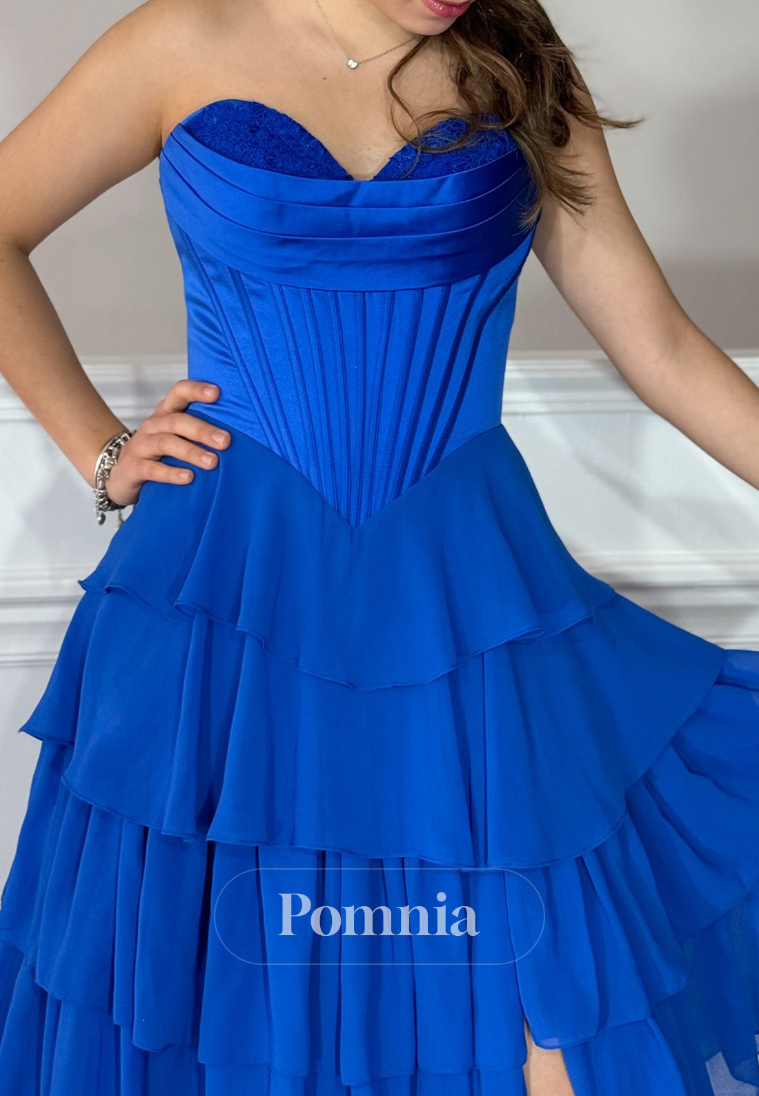 Royal Blue Sleeveless Strapless Slit Prom Dress