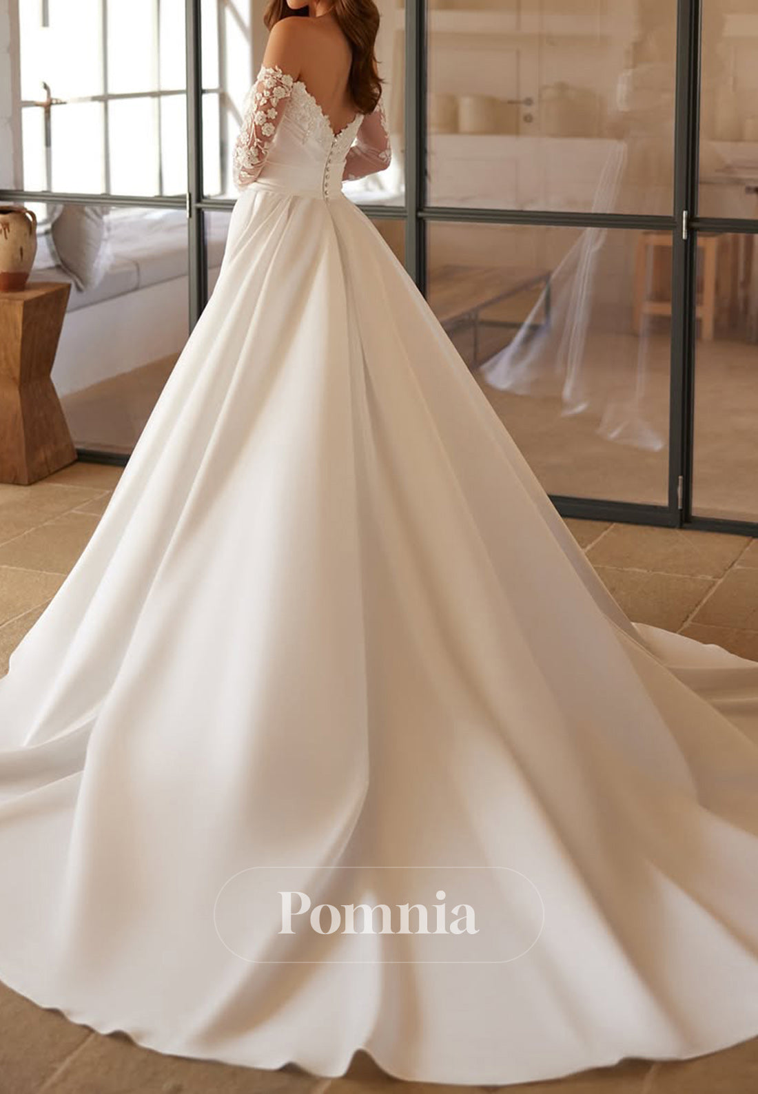 Elegant Long Sleeves Off-Shoulder Slit Satin Wedding Dress