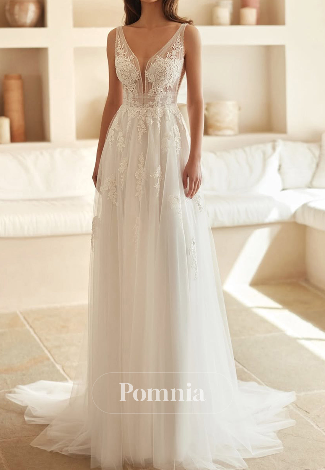 A-Line Spaghetti Straps V-Neck Corset Chiffon Wedding Dress