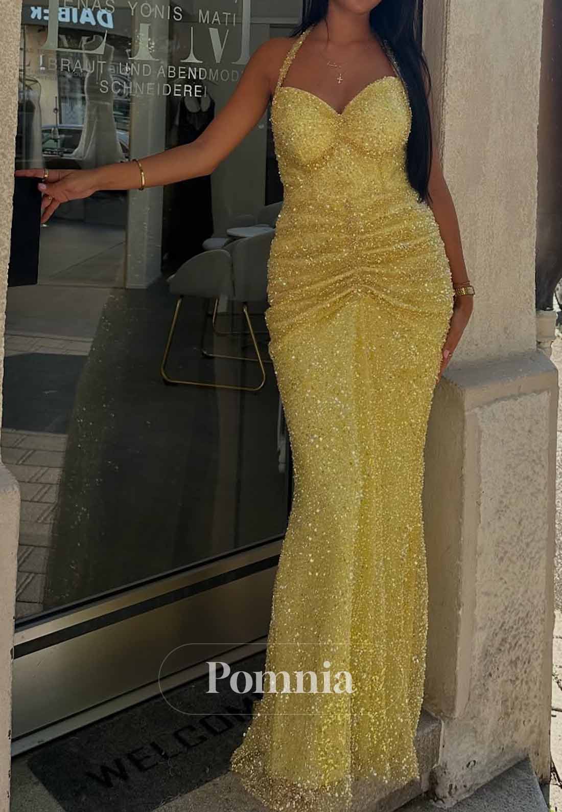 Daffodil Sleeveless Sweetheart Sequins Ruched Prom Dress