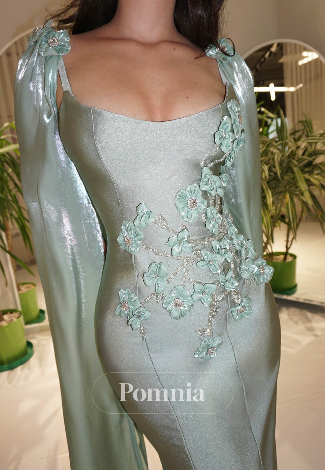 Mint Green Cape V-Neck Ruched Prom Dress