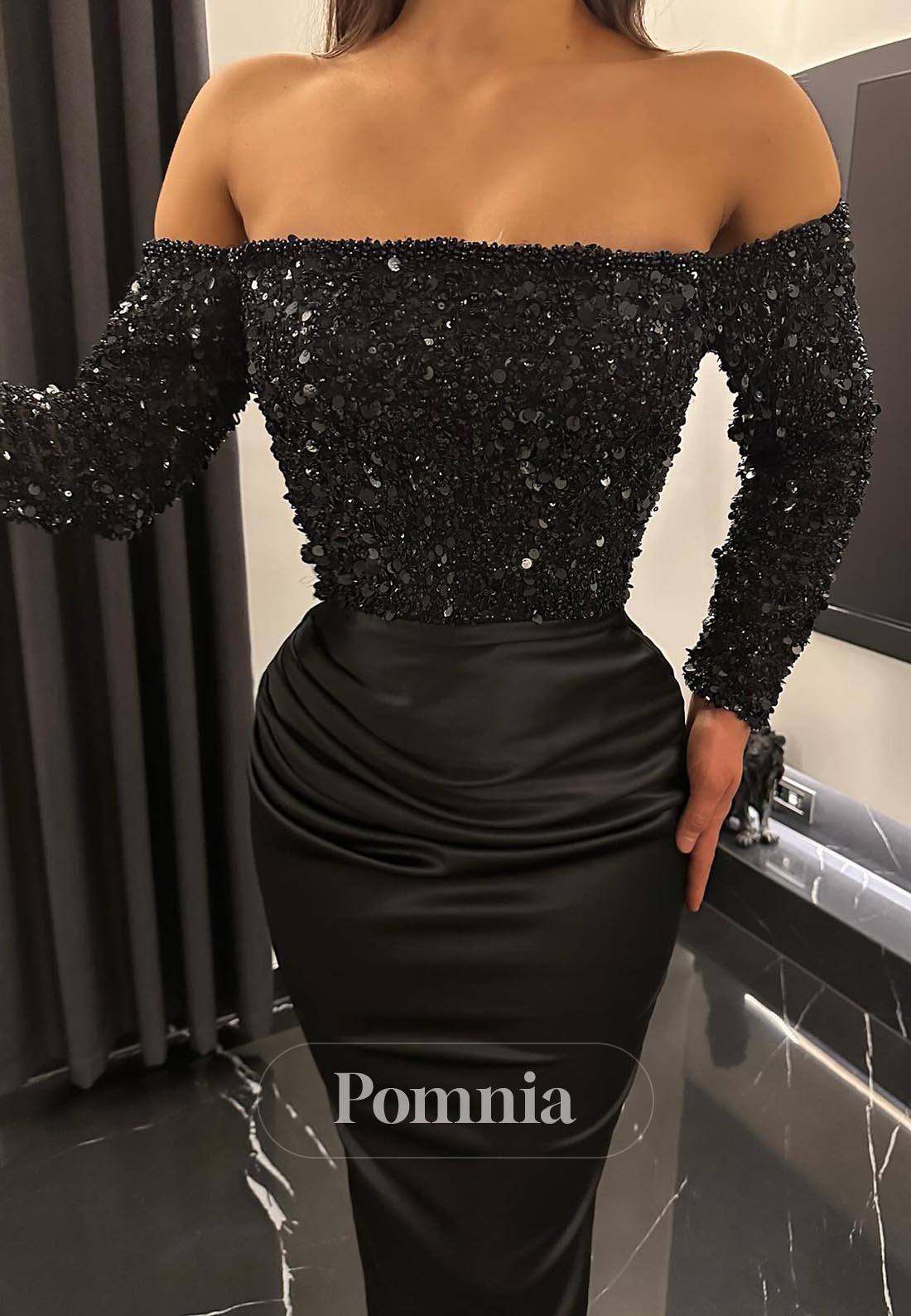 Black Off-Shoulder Long Sleeves Sequins Ruched Evening Dress