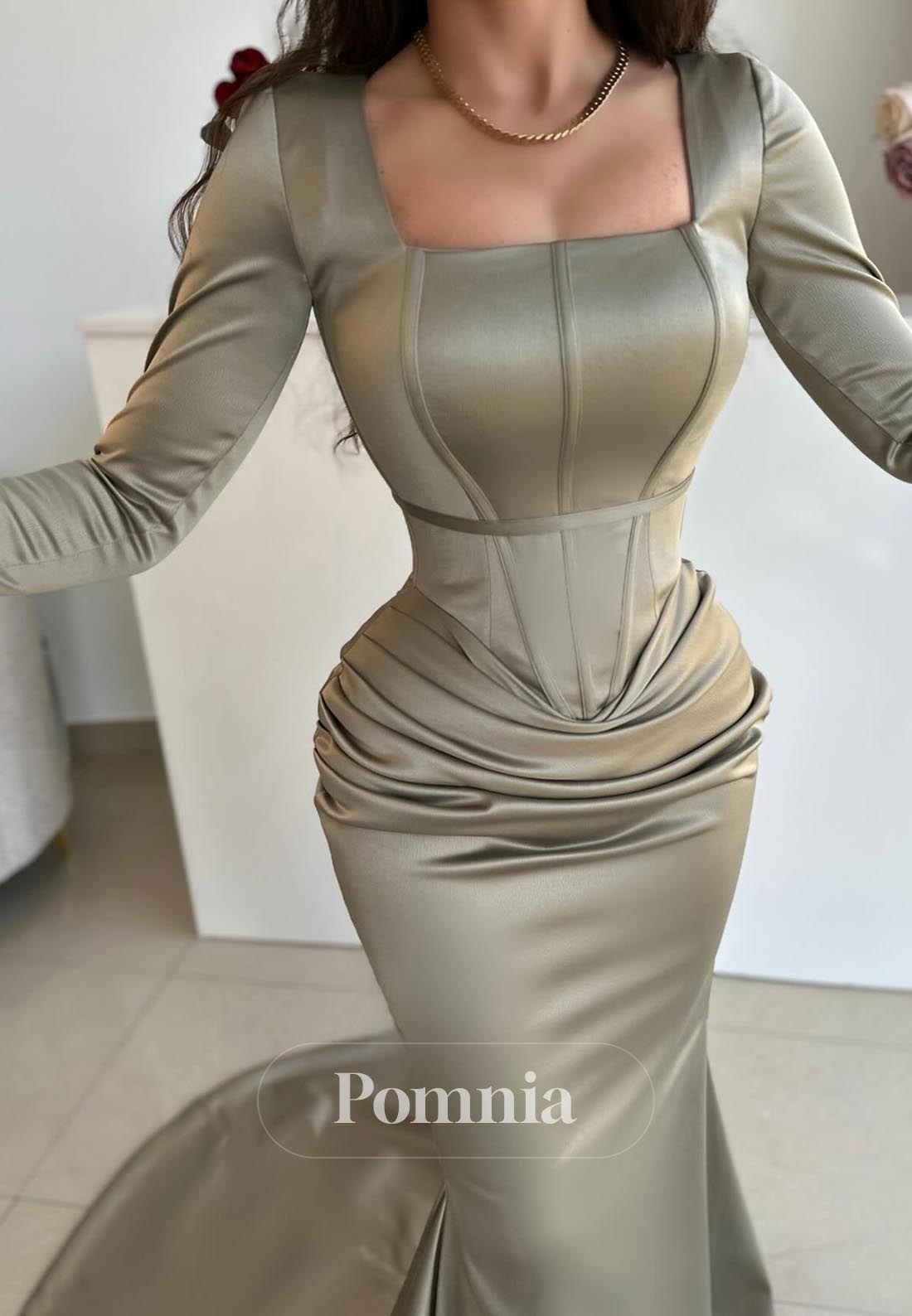 Dusty Sage Long Sleeves Square Ruched Corset Evening Dress