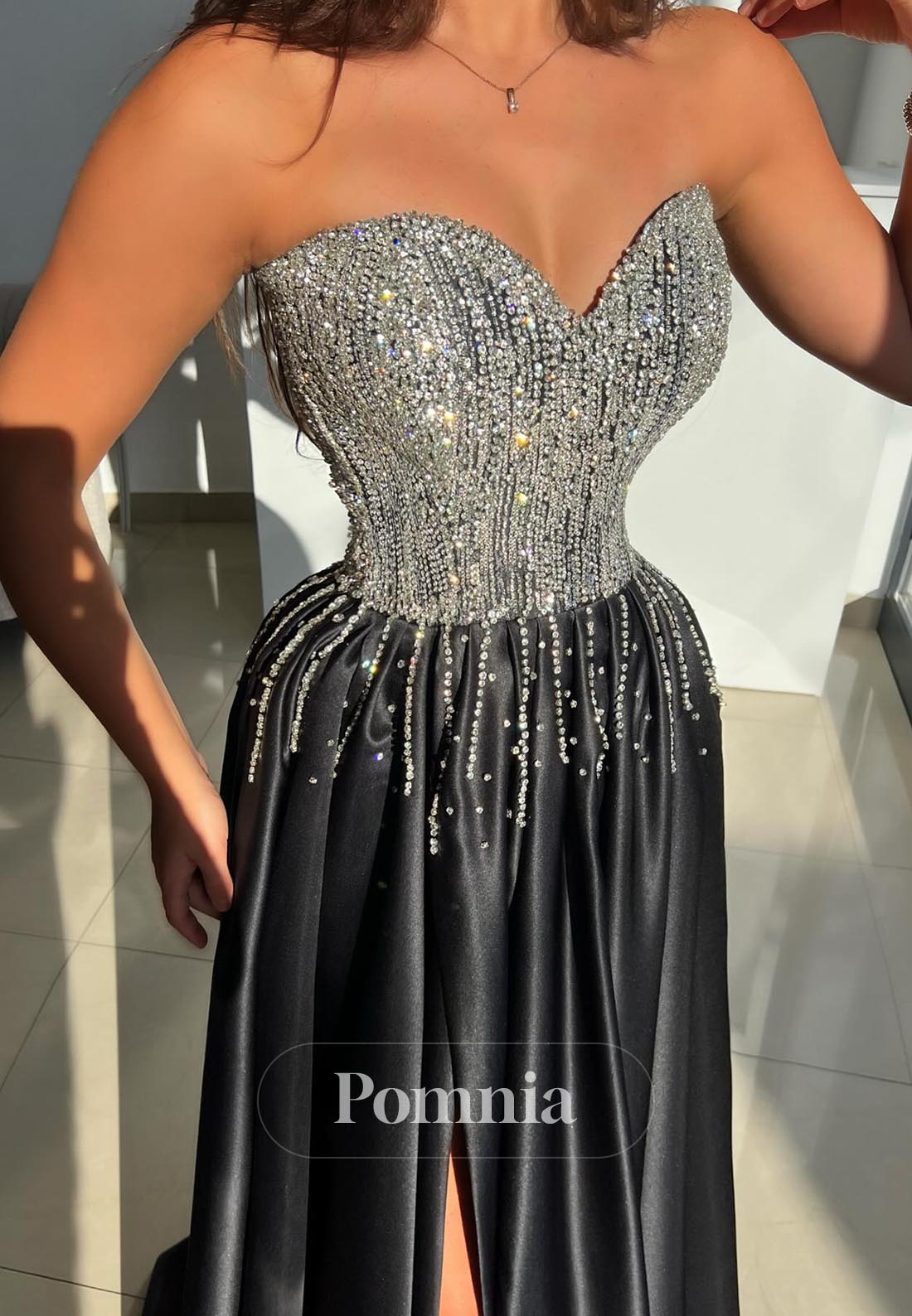Black A-Line Beads Empire-Waist Evening Dress