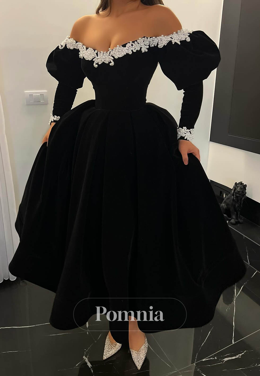 Black Long Sleeves Off-Shoulder A-Line Prom Dress