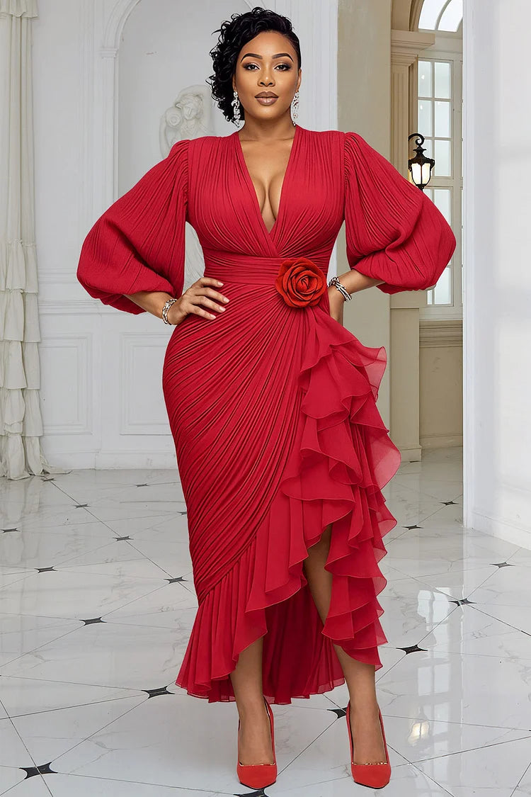 Red V Neck Lantern Sleeve 3/4 Sleeve Ruffle Chiffon Midi Dress