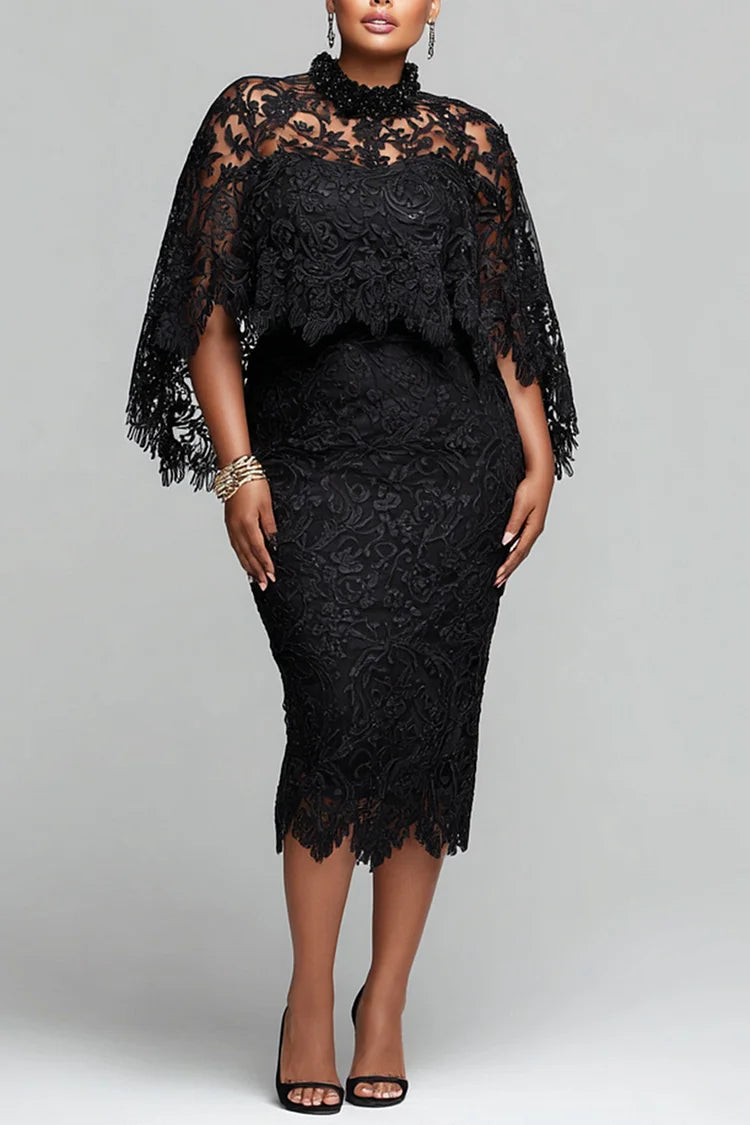 Cocktail Party Black Mock Neck Cape Sleeve 3/4 Sleeve Bodycon Midi Dresses