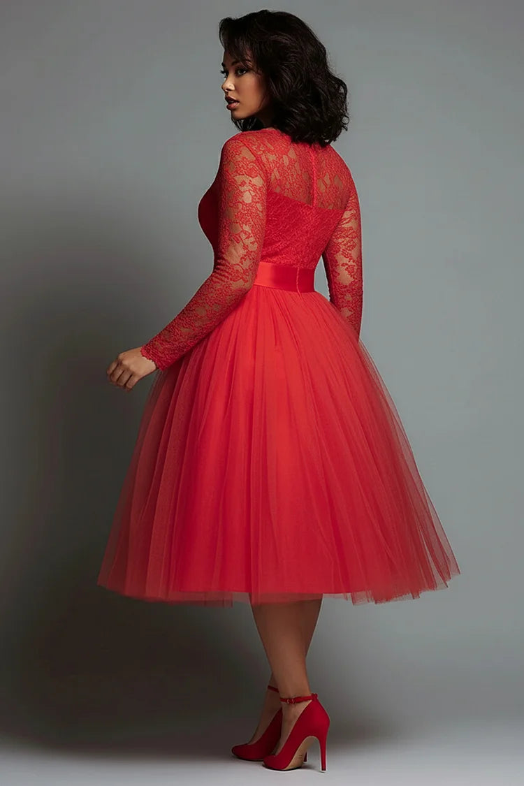 Cocktail Party Red Round Neck Long Sleeve Contrast Elegant See Through Lace Midi Dress