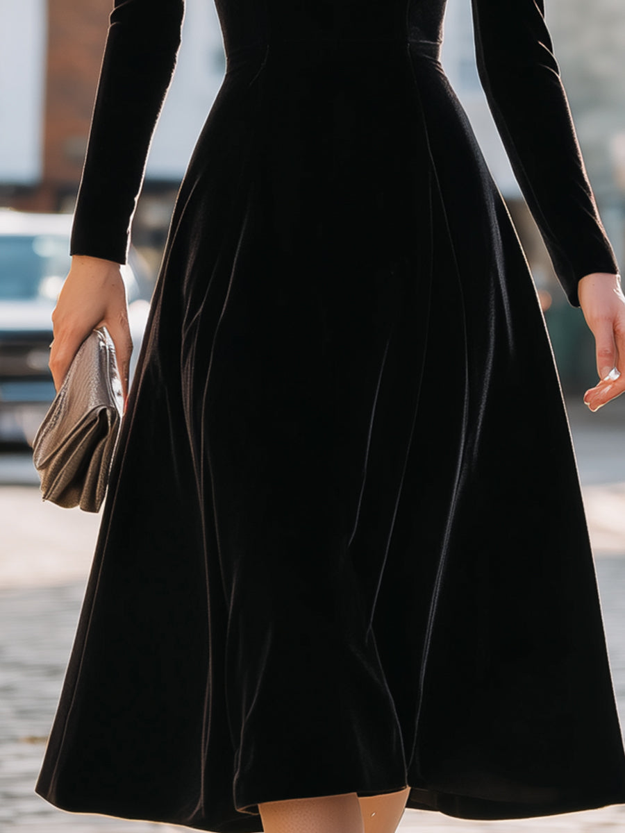 Black Velvet Midi Dress With White Lapel Collar