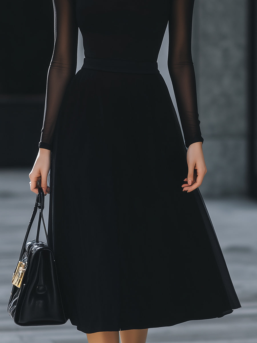 Sheer-Sleeve High-Neck A-Line Midi Dress