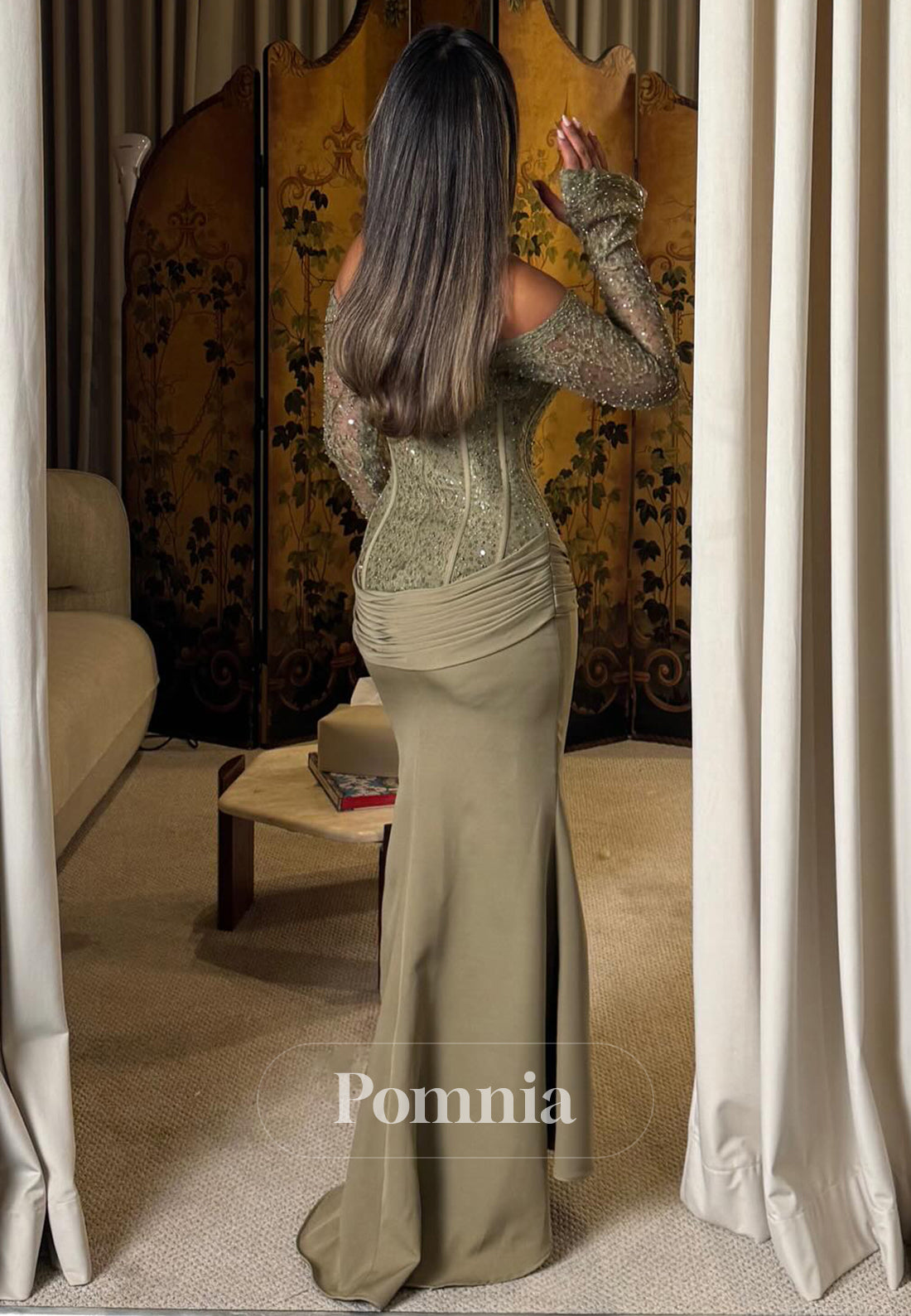 Dusty Sage Long Sleeves Off-Shoulder Ruched Evening Dress