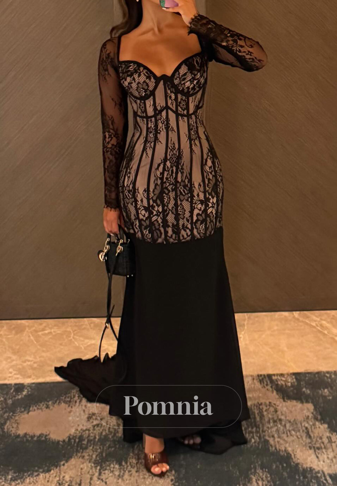 Sheath Long Sleeves Sweetheart Corset Black Prom Dress