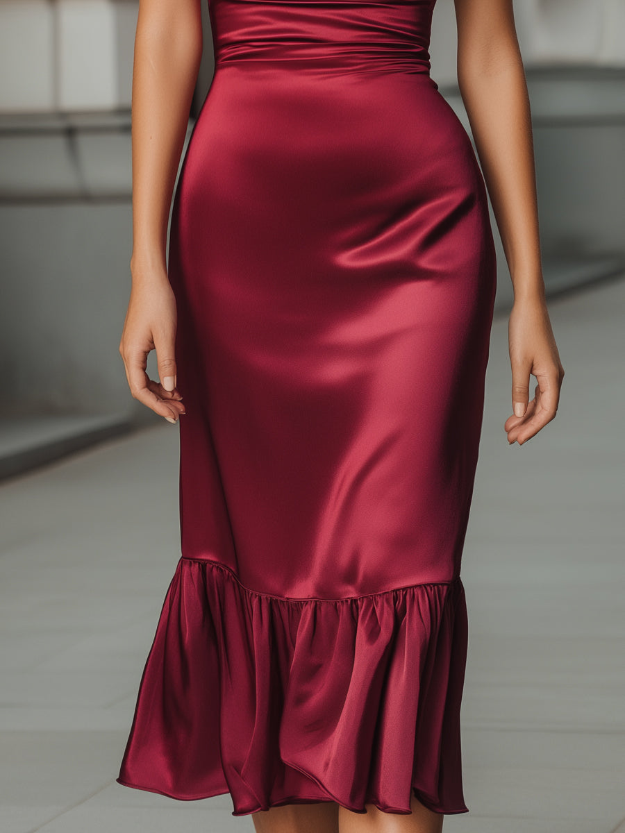 Ruched Satin Ruffle-Hem Midi Dress