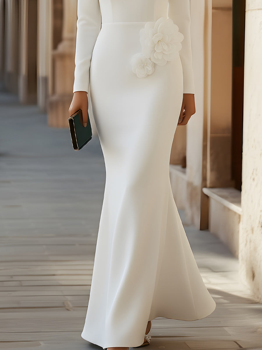 Sculpted Floral-Accent Long Sleeve Gown