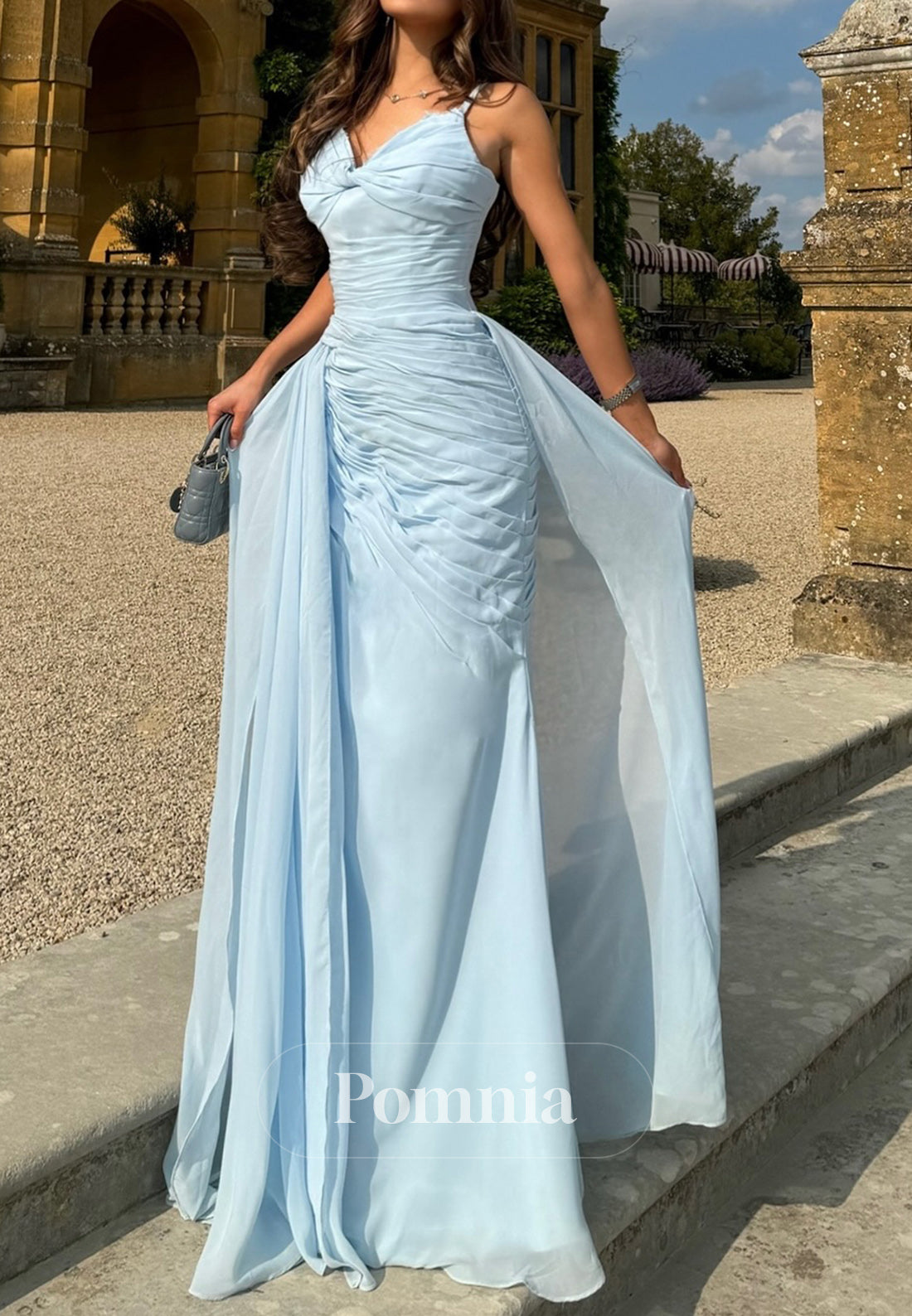 Sky Blue Spaghetti Straps V-Neck Ruched A-Line Evening Dress