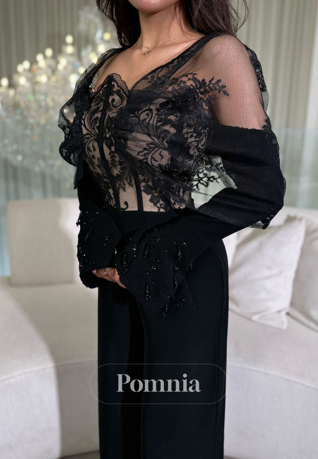 Black Long Sleeves V-Neck Corset Tulle A-Line Prom Dress