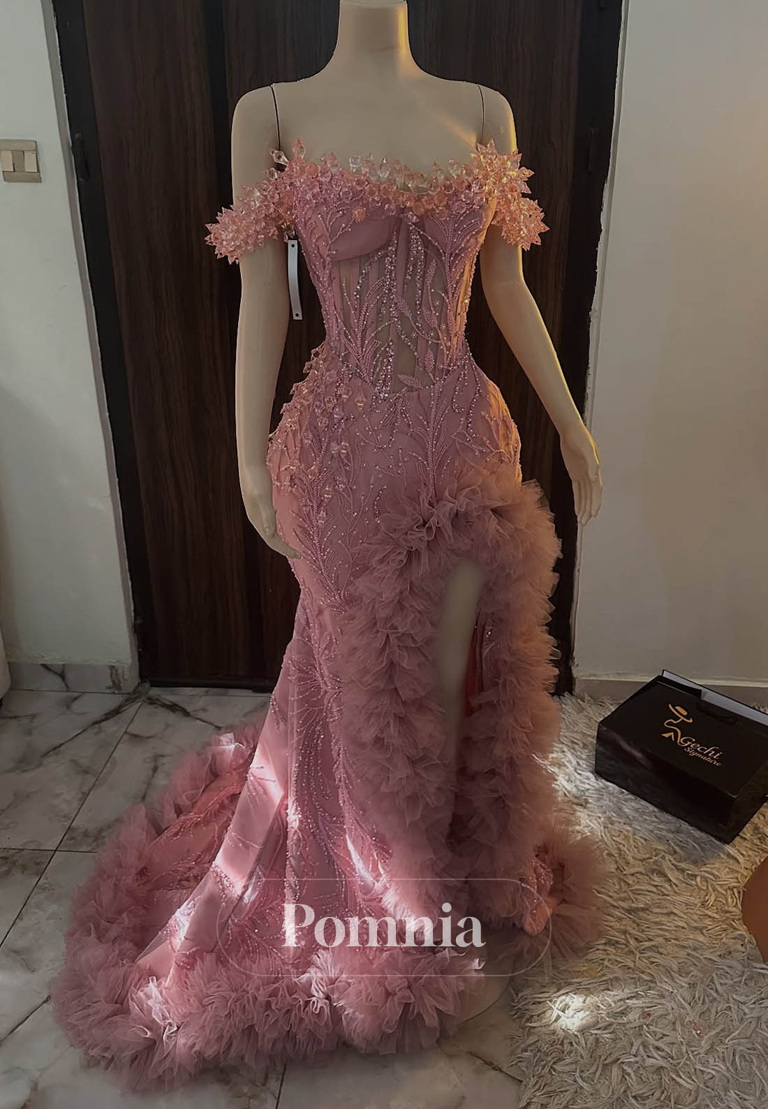 Blushing Pink Sleeveless Strapless Feathers Slit Prom Dress