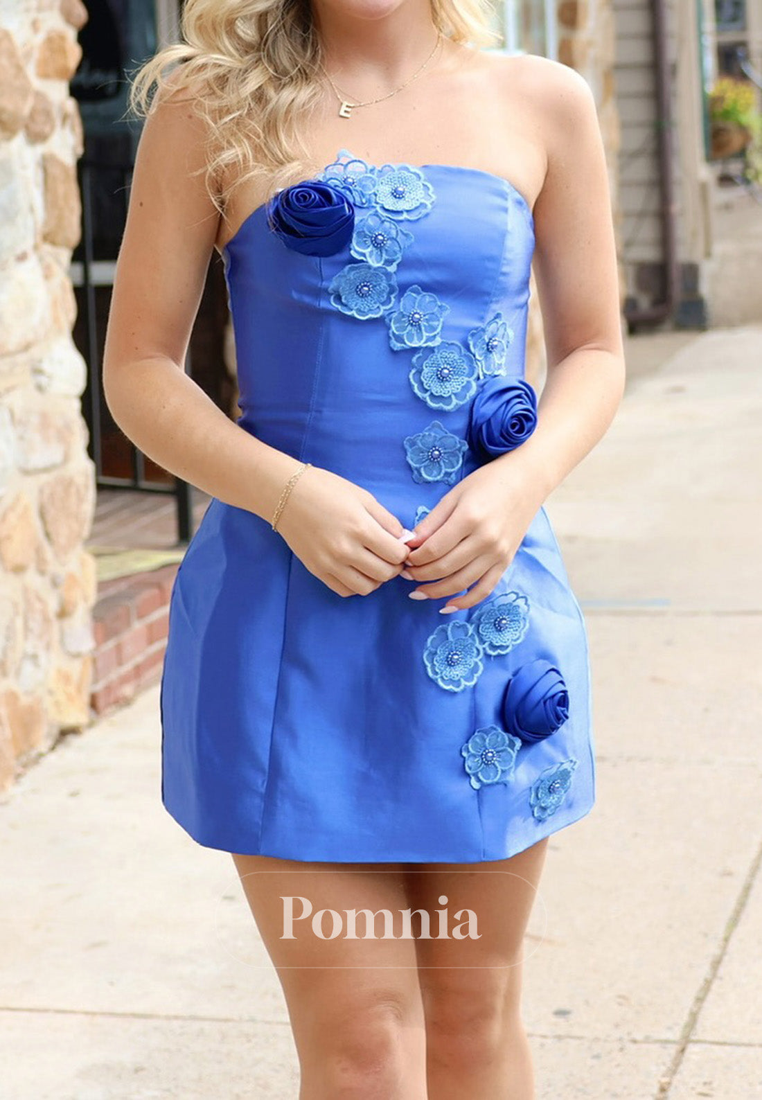 Blue Jay Sleeveless Strapless Floral Appliques Short Homecoming Dress