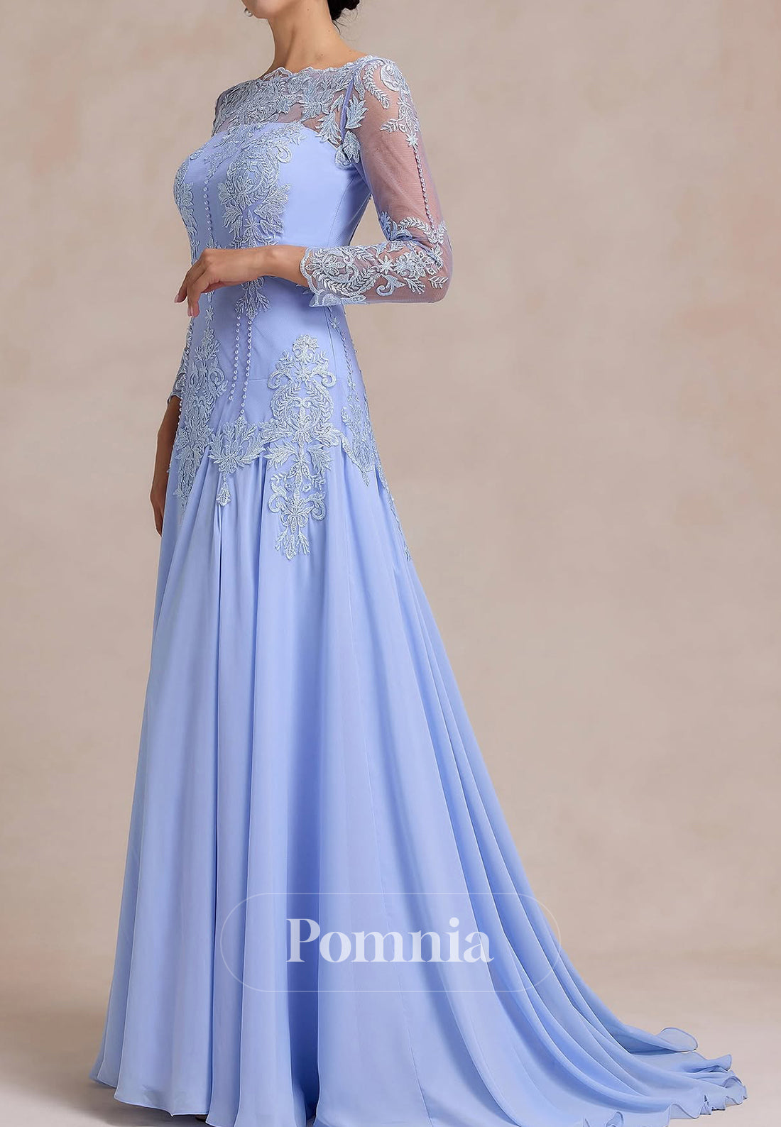 Sky Blue Long Sleeves Scoop Apliques A-Line Mother of the Bride Dress