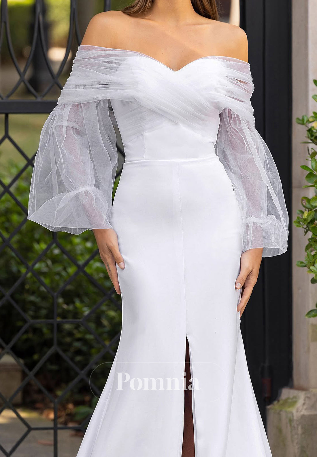 Long Sleeves Off-Shoulder Slit Corset Wedding Dress