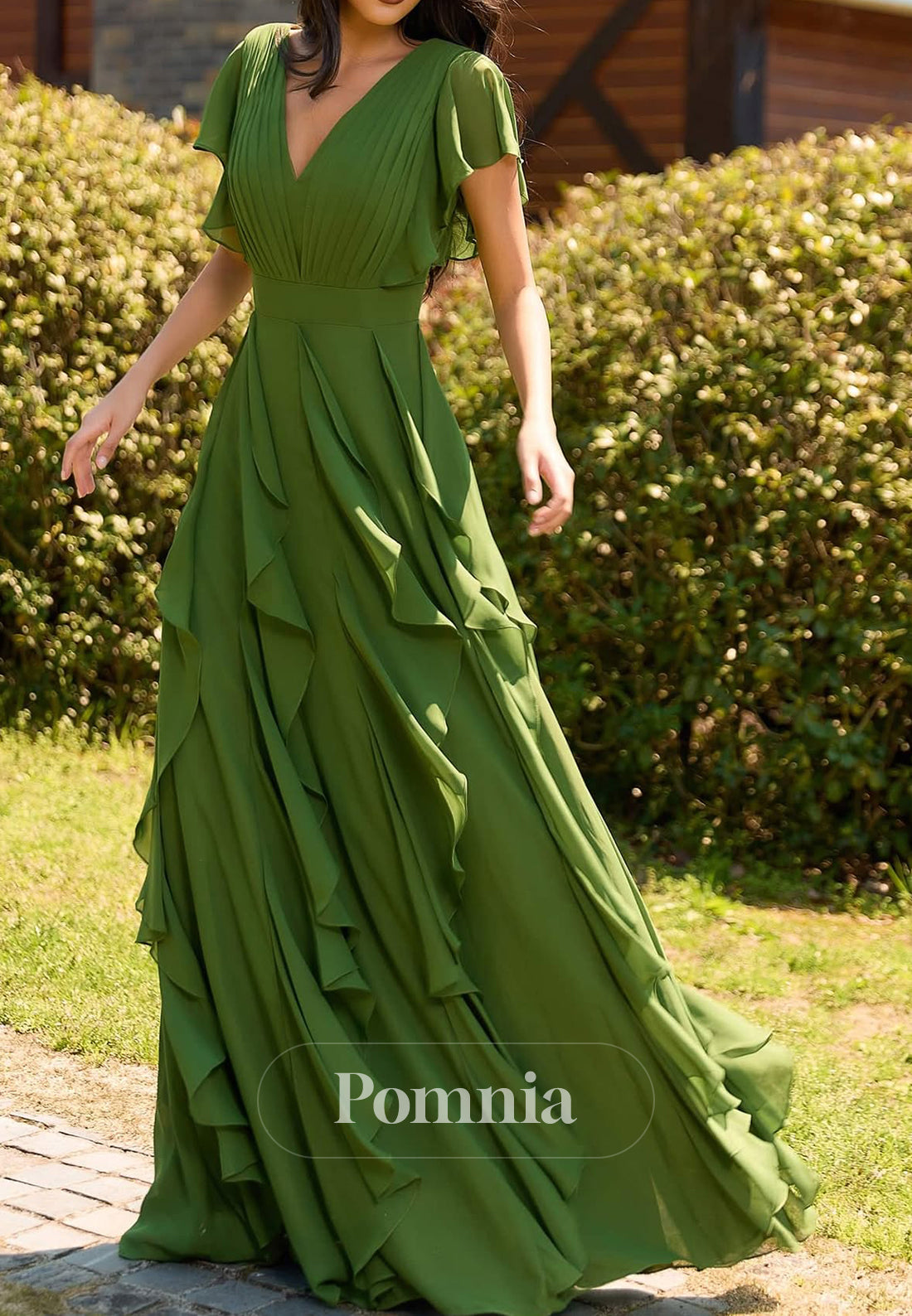 Eucalyptus Short Sleeves V-Neck Ruffles A-Line Mother of the Bride Dress