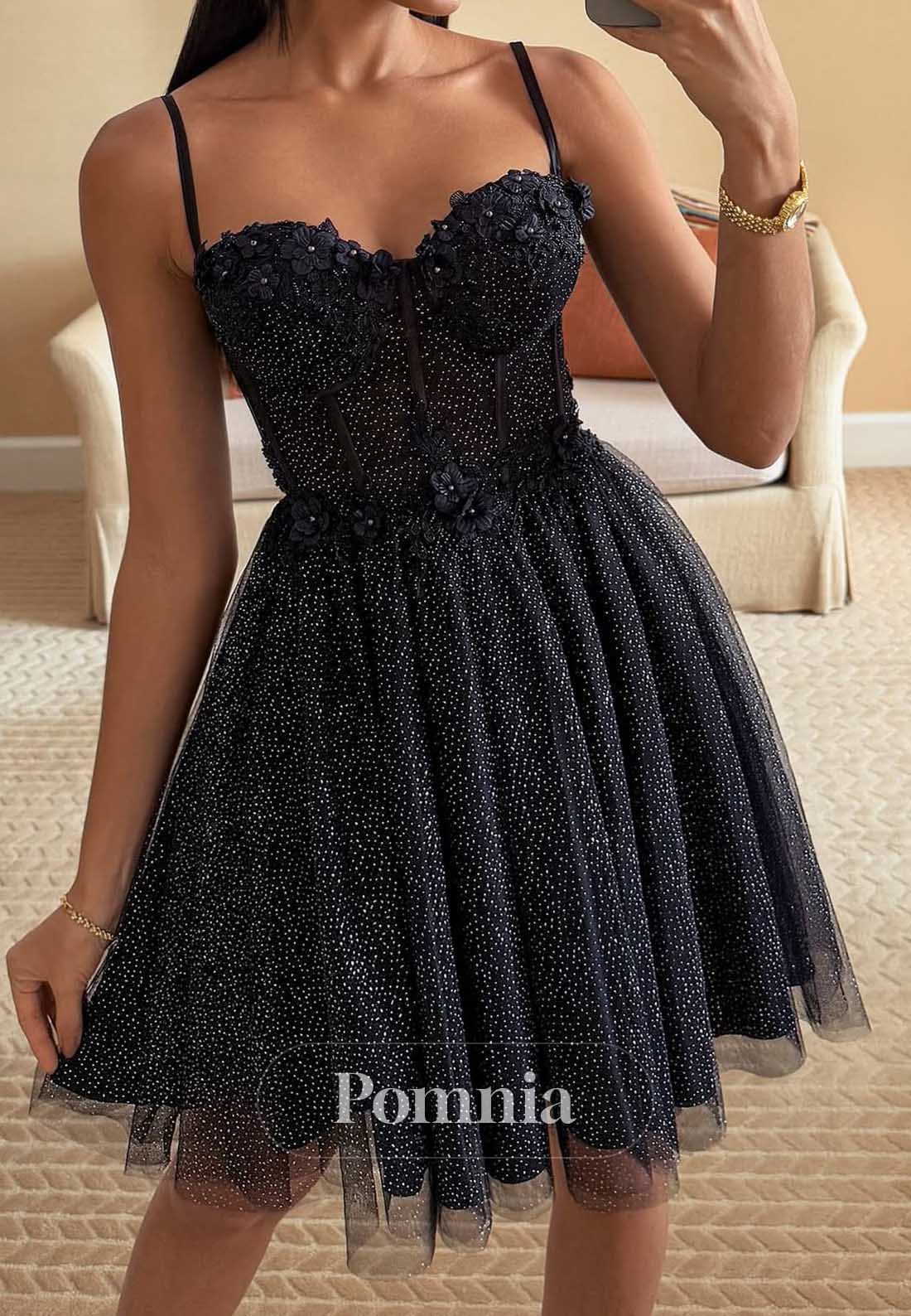 Black Spaghetti Straps Sweetheart Lace Homecoming Dress