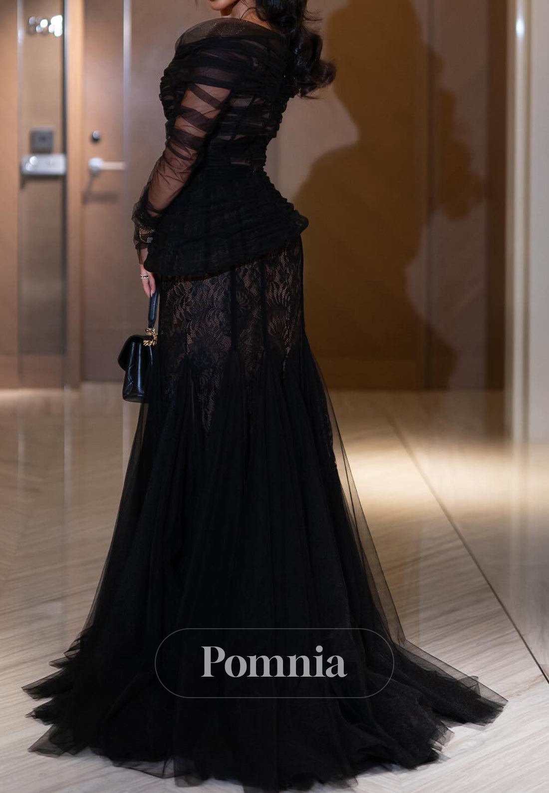 Black Long Sleeves Scoop Corset Tulle Evening Dress