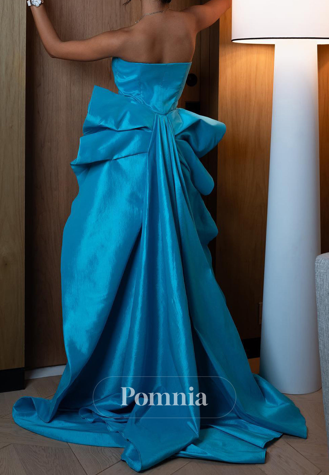 Blue Jay Strapless Sleeveless Ruched Bowknot Evening Dress