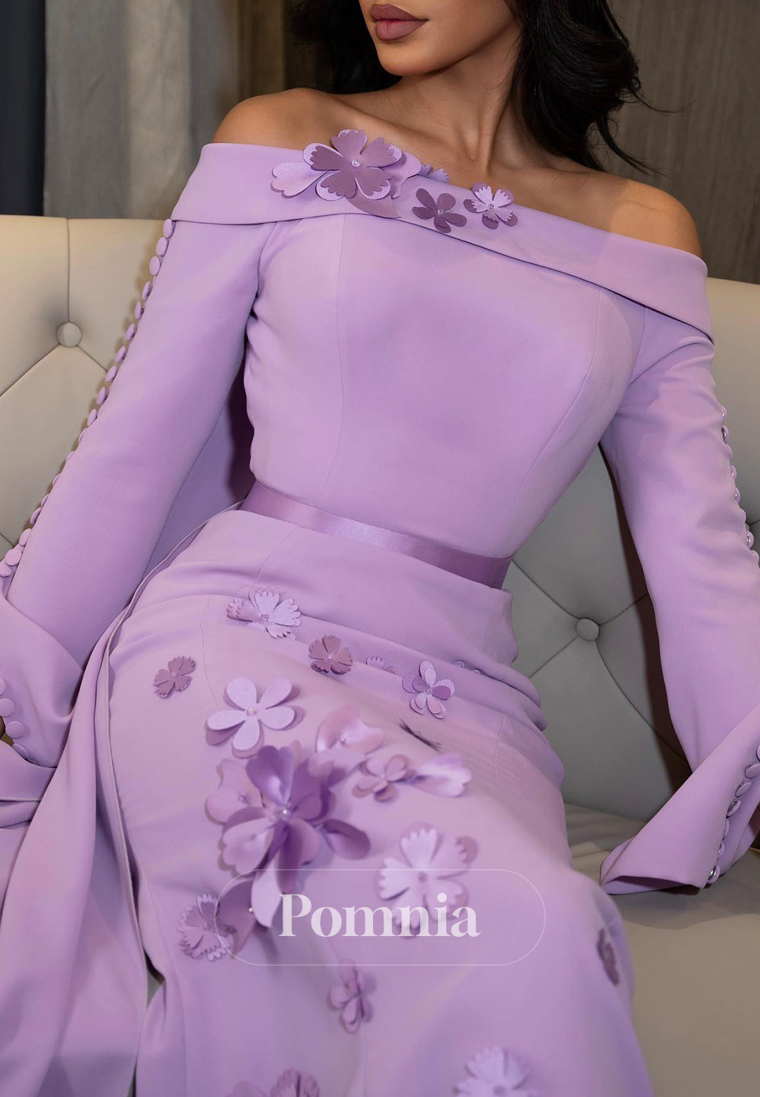 Lilac Long Sleeves Off-Shoulder Floral Appliques Evening Dress