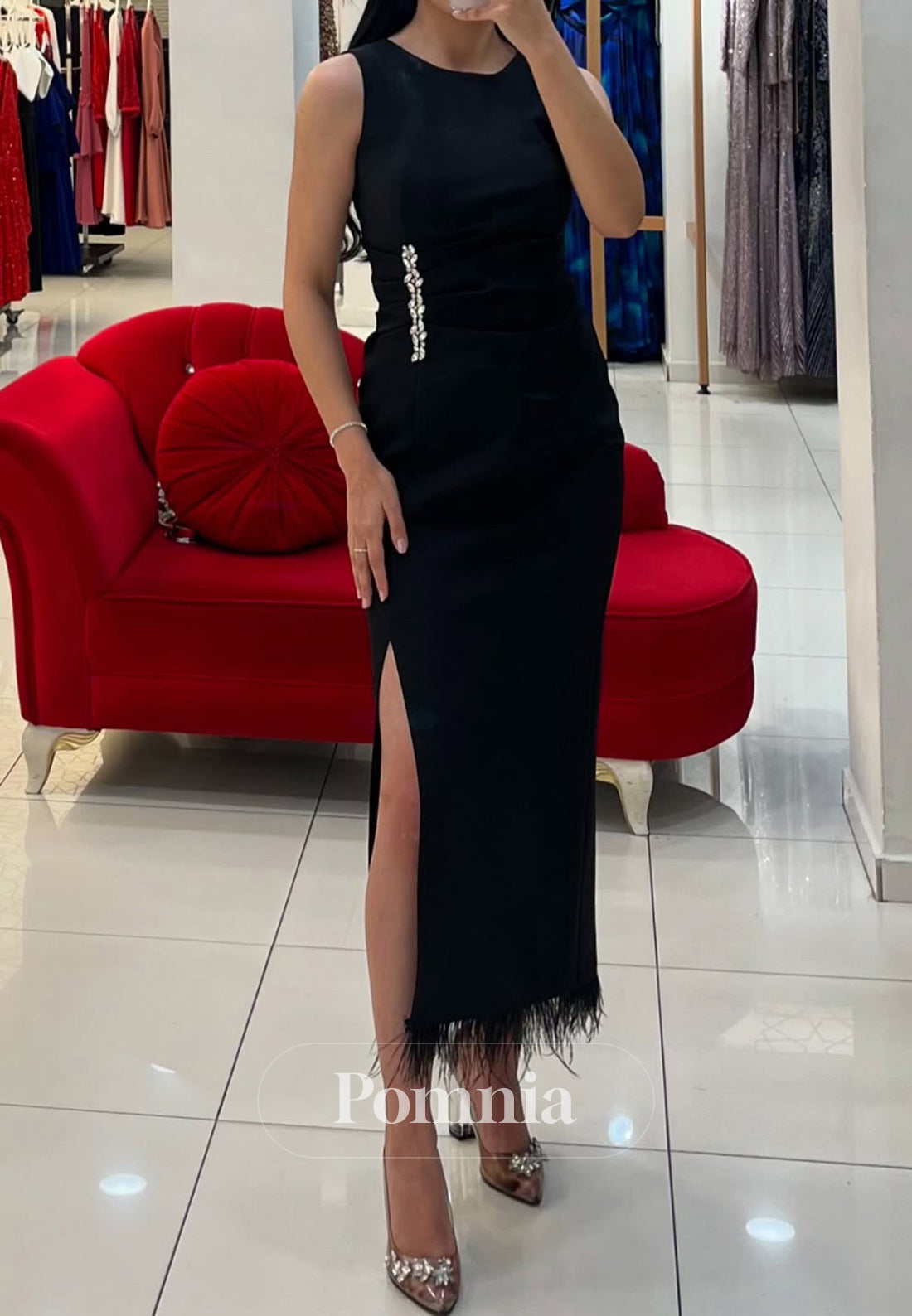 Sheath Scoop Sleeveless Feathers Slit Cocktail Dress