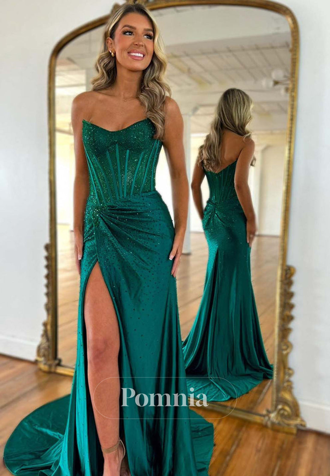Sleeveless Strapless Prom Dress with Slit Ruched Evening Party Dress