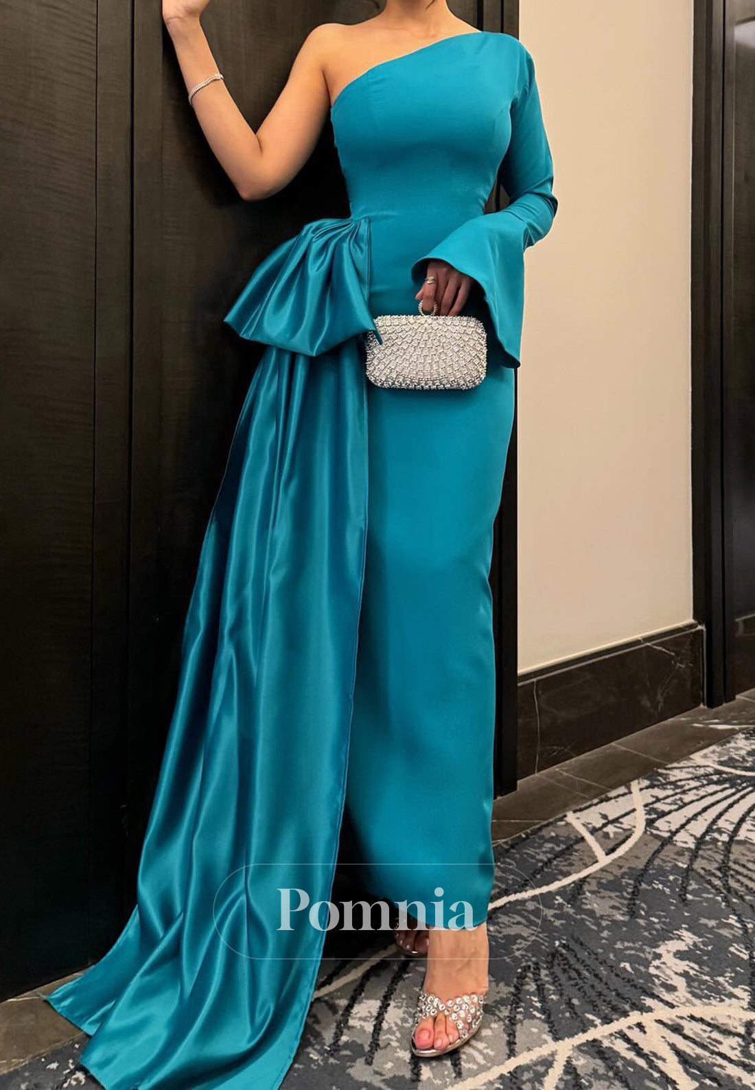 Caribbean Long Sleeves One Shouldr Ruched Evening Dress