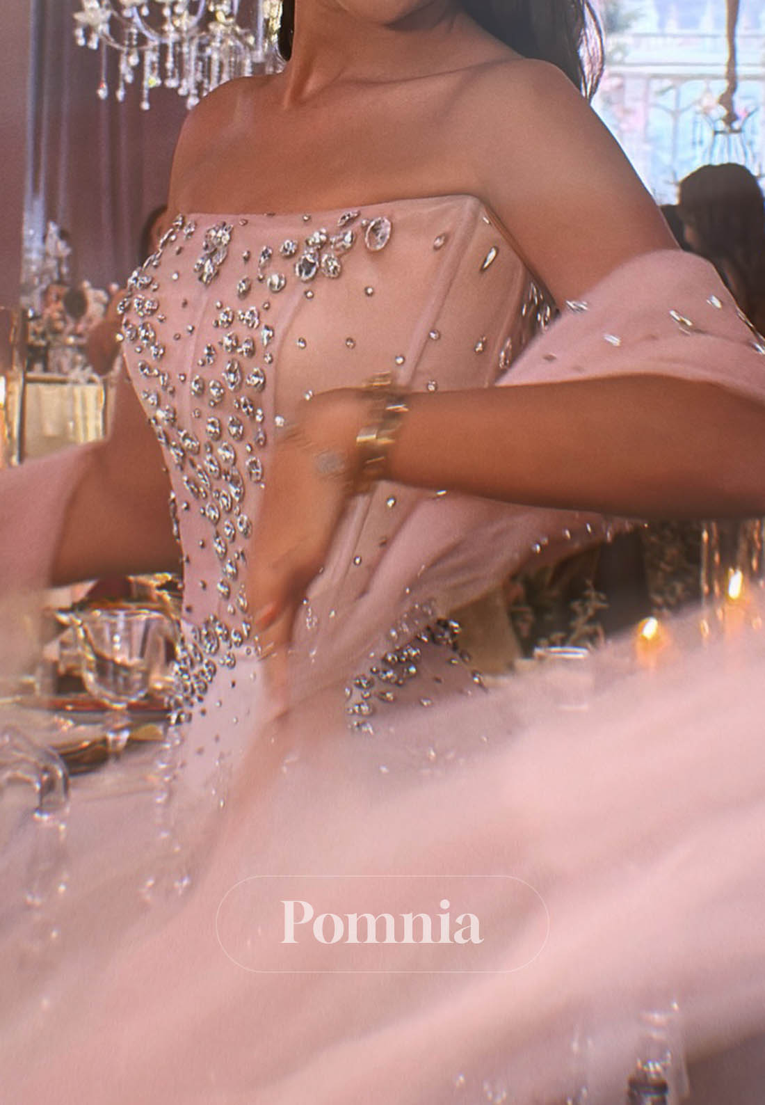 Blushing Pink Sleeveless Strapless Sequins Prom Dress