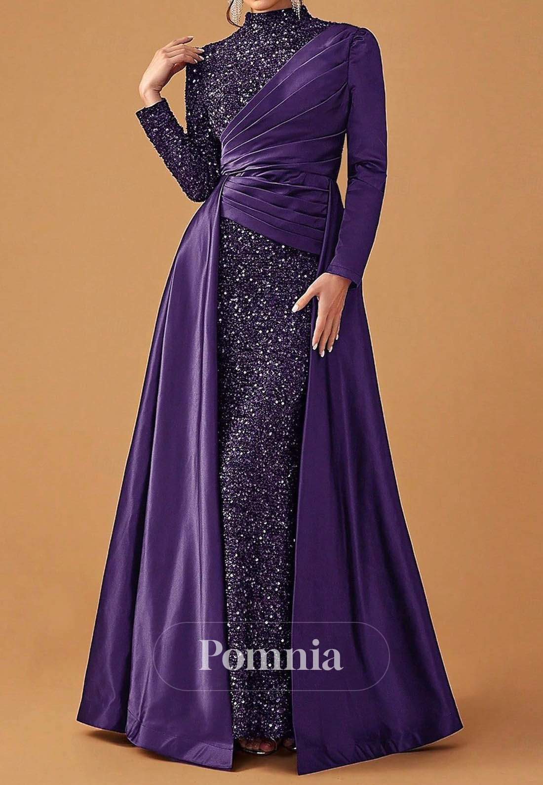 Elegant Party Black Dress Long Sleeve Cowl Neck Formal Lace with Sequin