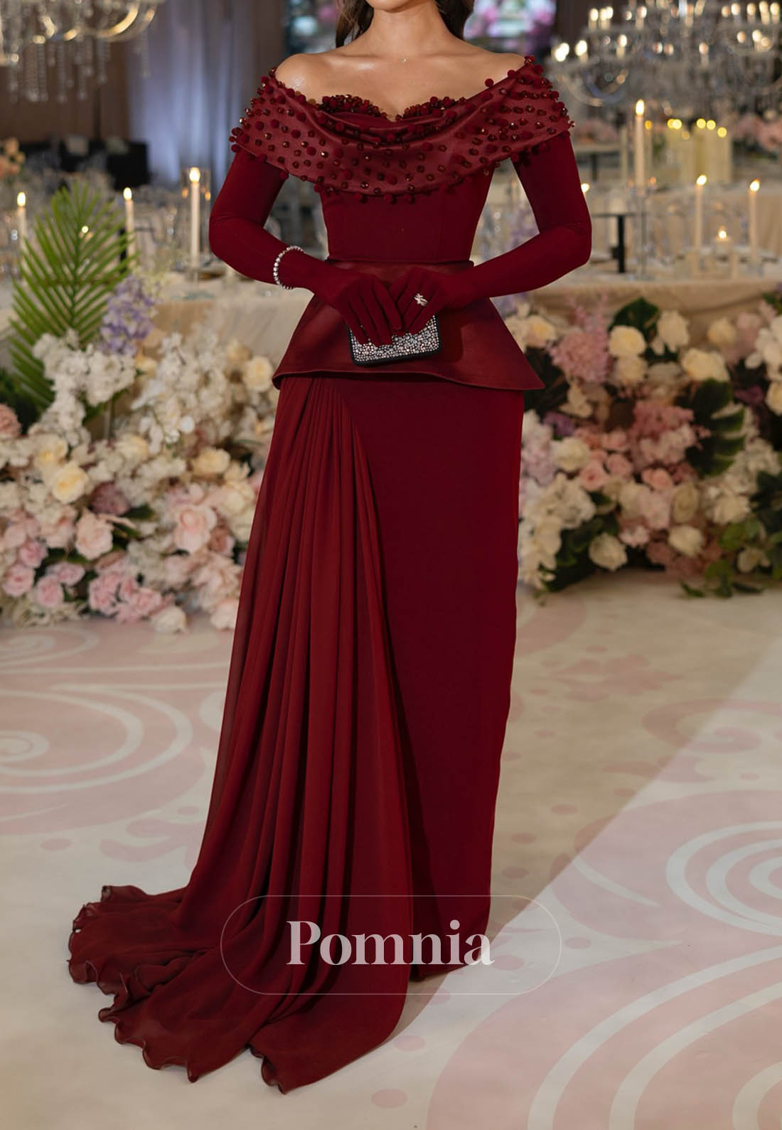 Burgundy Long Sleeves Sweetheart Sequins A-Line Prom Dress