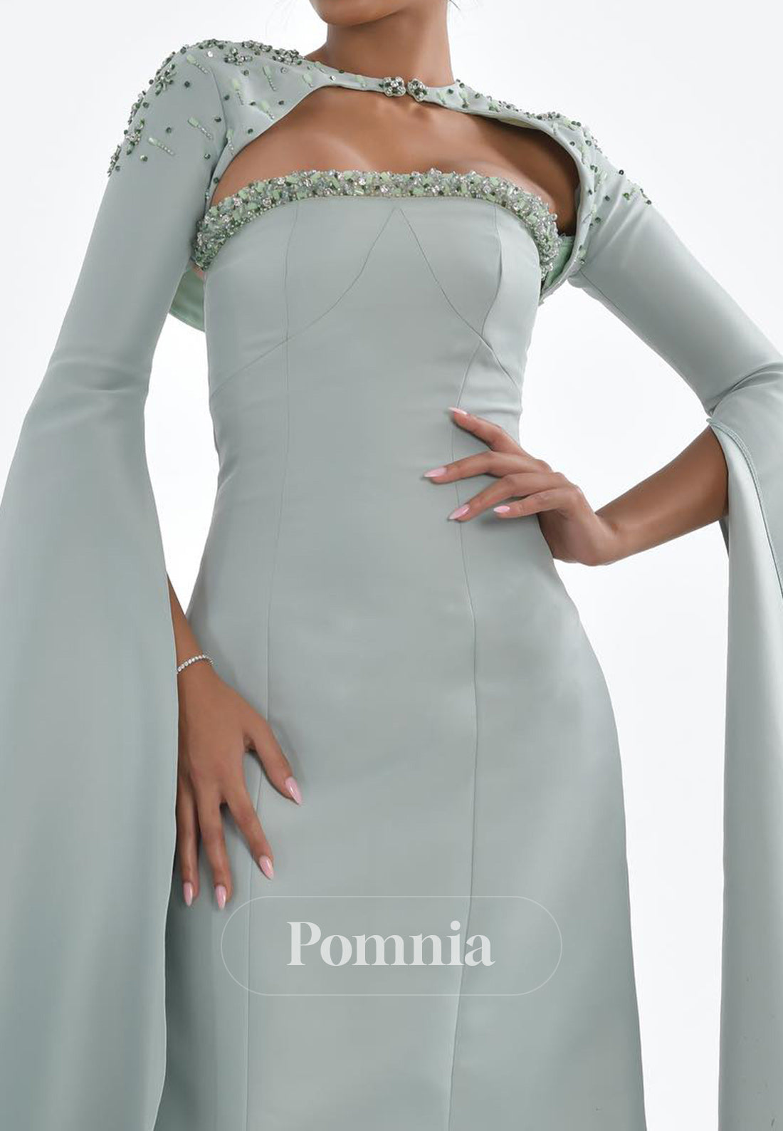 Cap Sleeves Square Appliques Satin Evening Dress