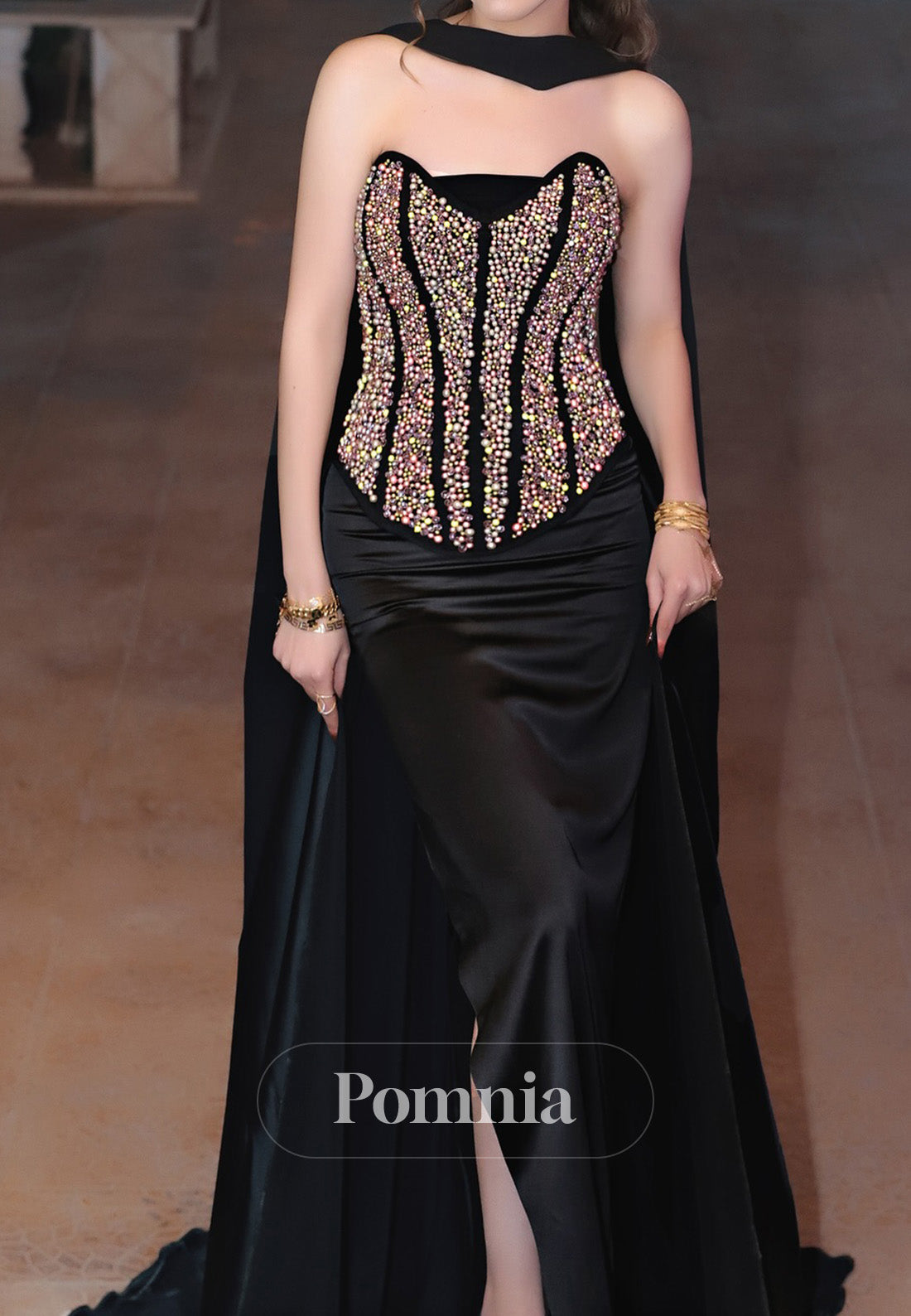 Black Sleeveless Strapless Beads Empire-Waist Evening Dress