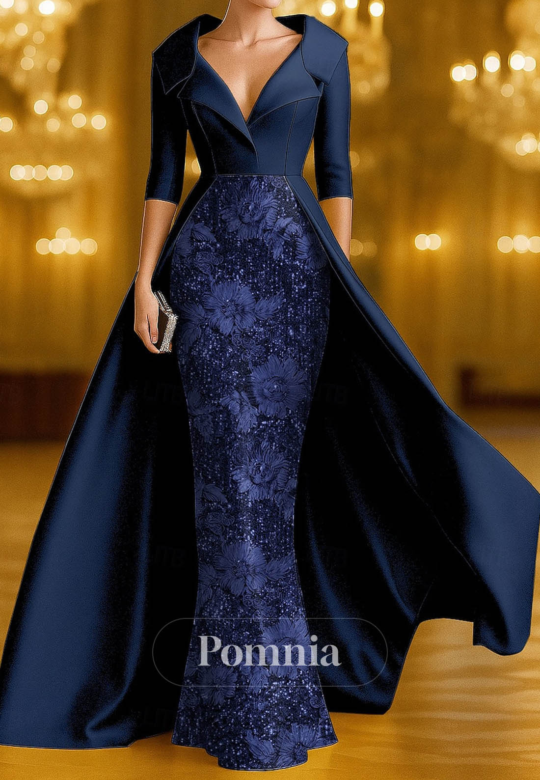 Elegant Long Sleeves V-Neck Floral Appliques Evening Dress