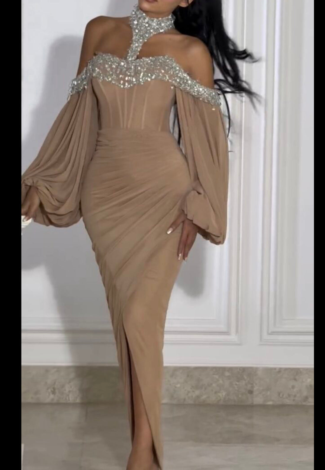 Elegant Long Sleeves Off-Shoulder Sequins Slit Ruched Evening Dress