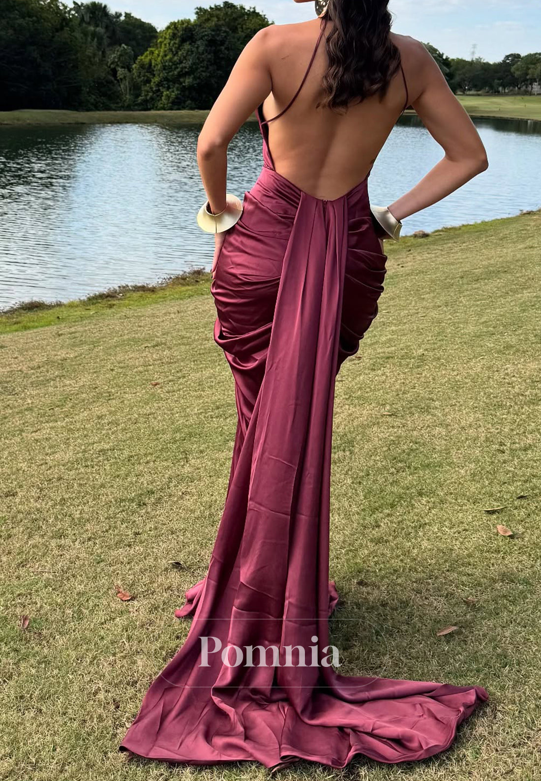 Halter Sleeveless Ruched Slit Backless Mother of the Bride Dress
