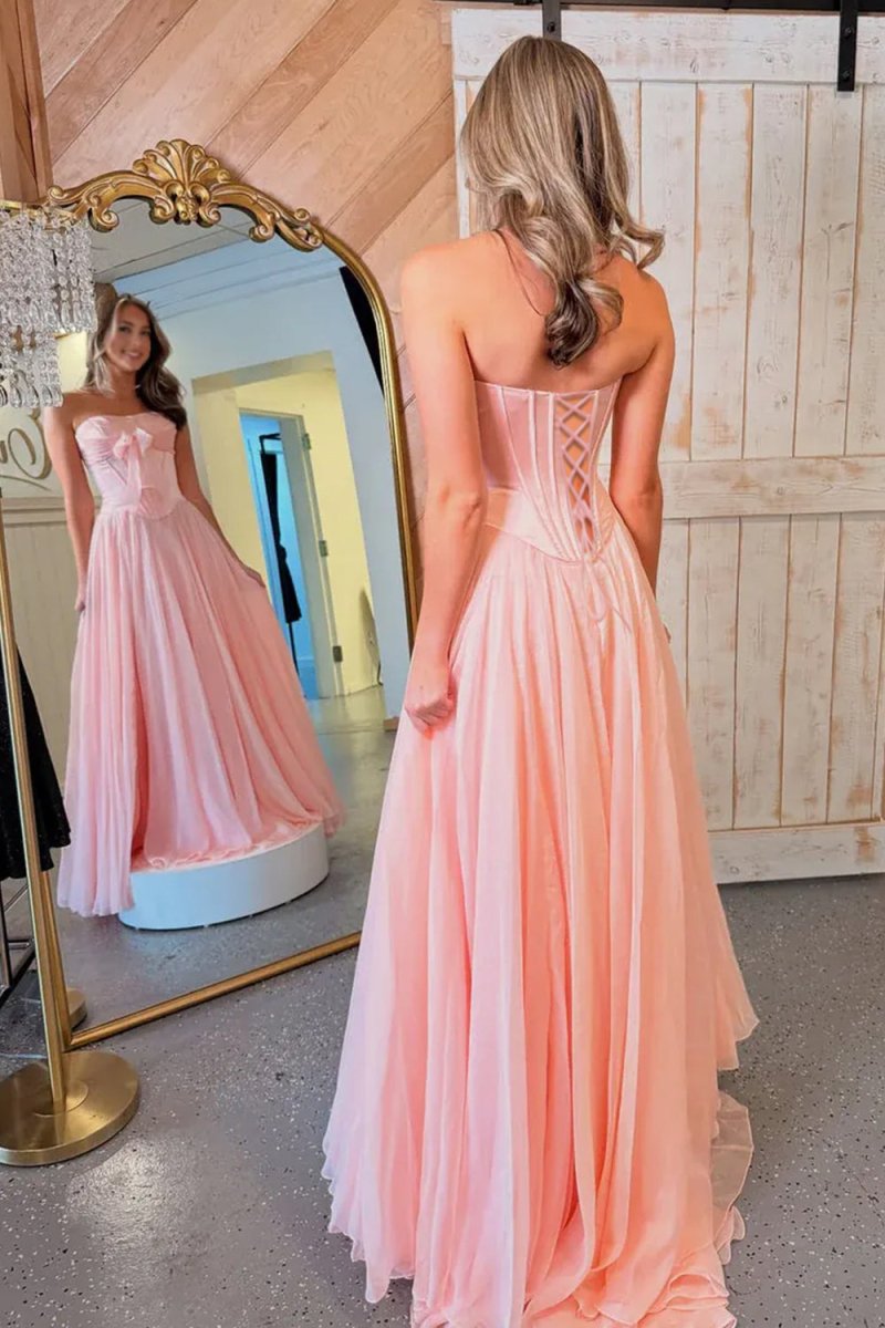 A Line Strapless Pleated Chiffon Long Prom Dress with Bow