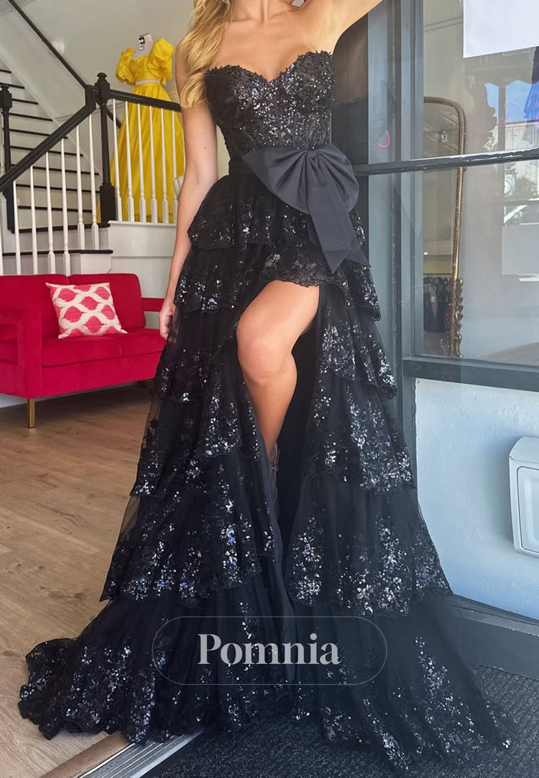 A-Line Sleeveless Strapless Prom Dress with Slit Ruffles Evening Party Dress