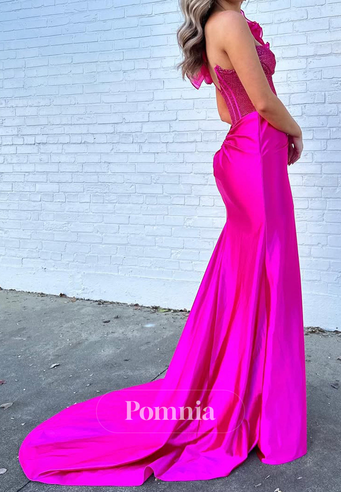 Fuchsia Sleeveless Ruched Prom Dress with Slit Floral Appliques
