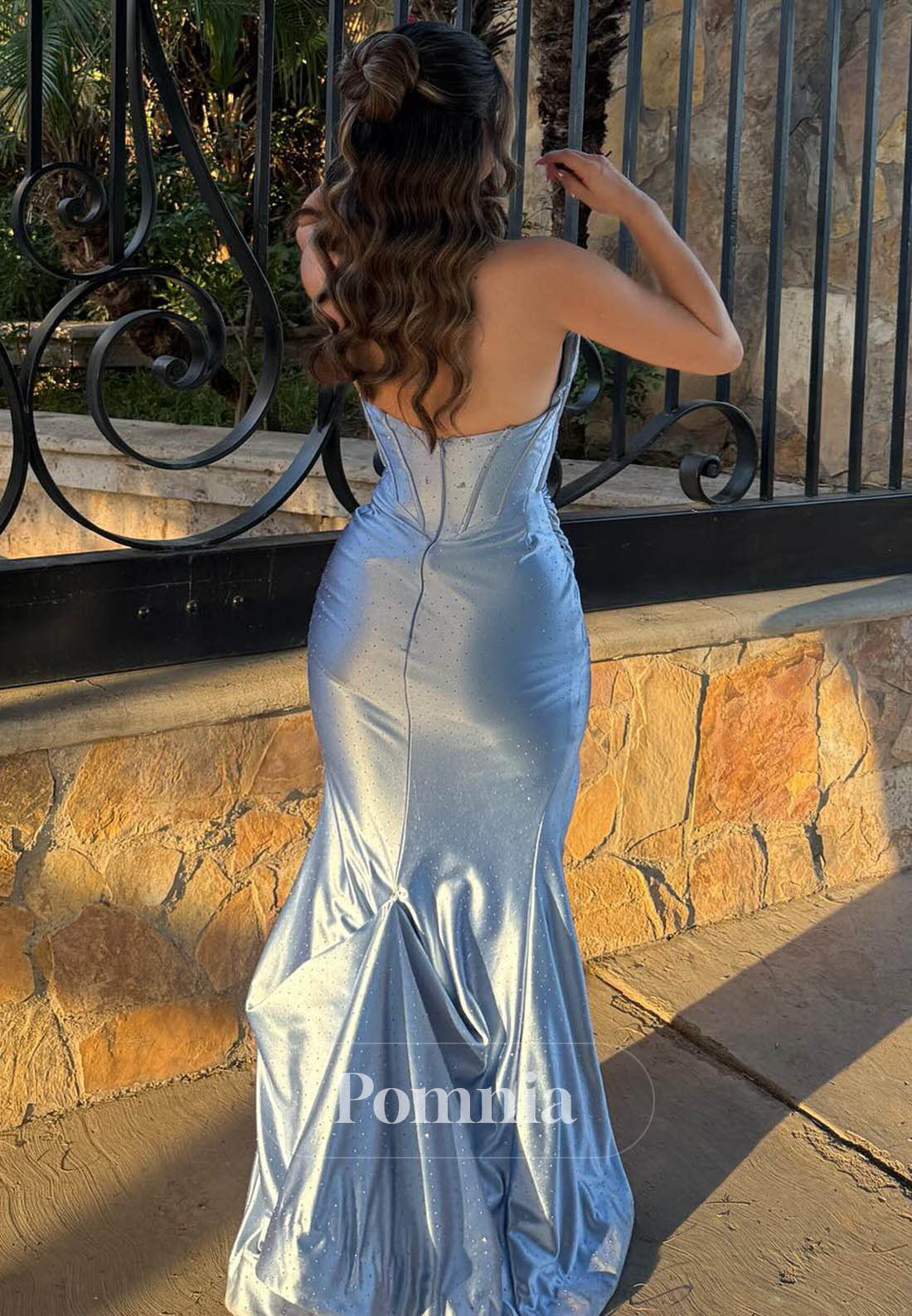 Sky Blue Sleeveless Strapless Slit Ruched Prom Dress