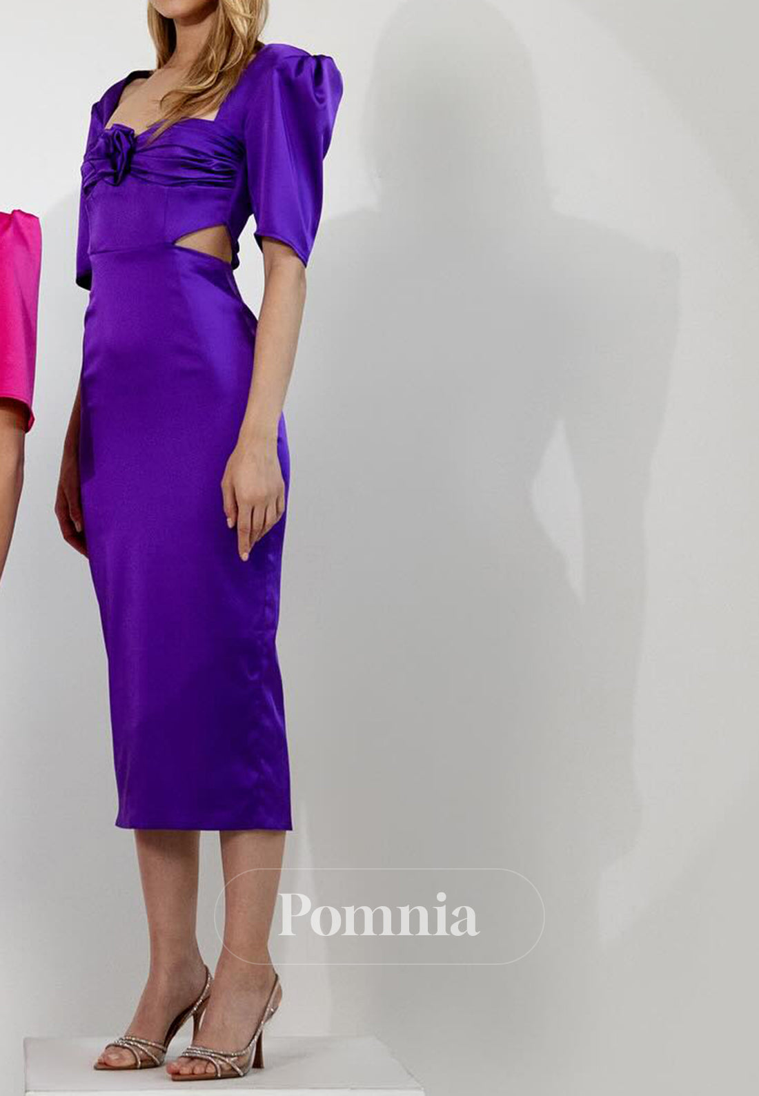 Short Sleeves Square Knee-Length Ruched Mother of the Bride Dress