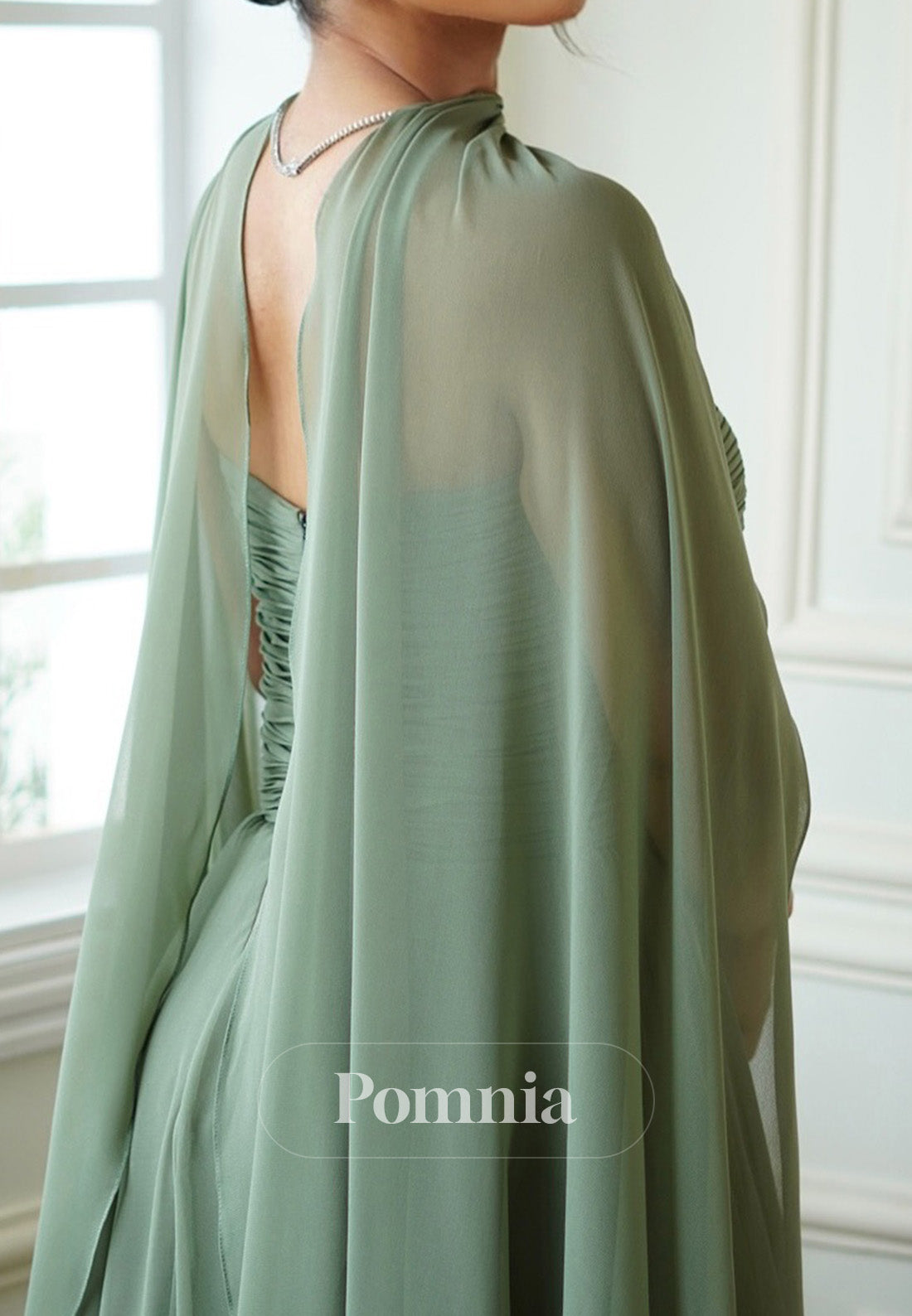 Dusty Sage Cape A-Line Empire-Waist Chiffon Mother of the Bride Dress