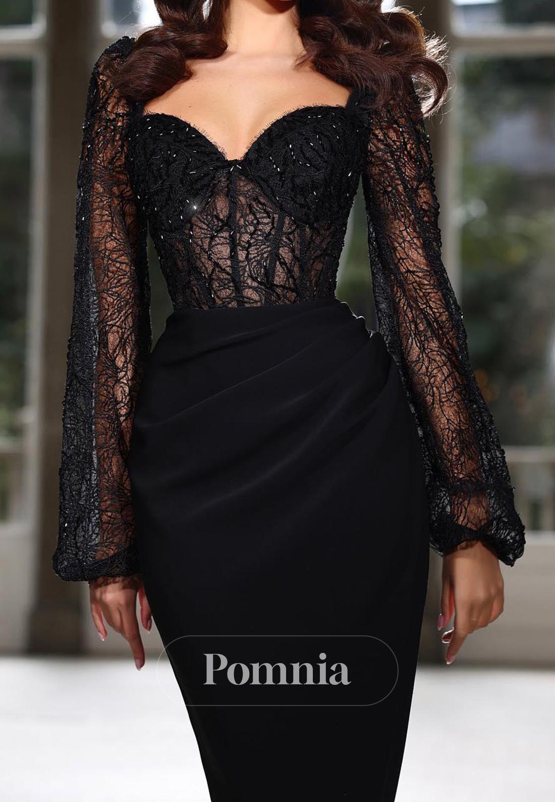 Black Long Sleeves Sweetheart Corset Evening Dress