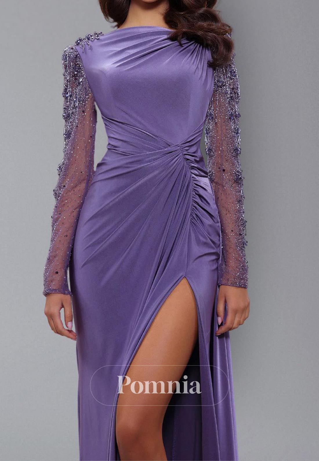 Lilac A-Line Long Sleeves Scoop Slit Ruched Evening Dress