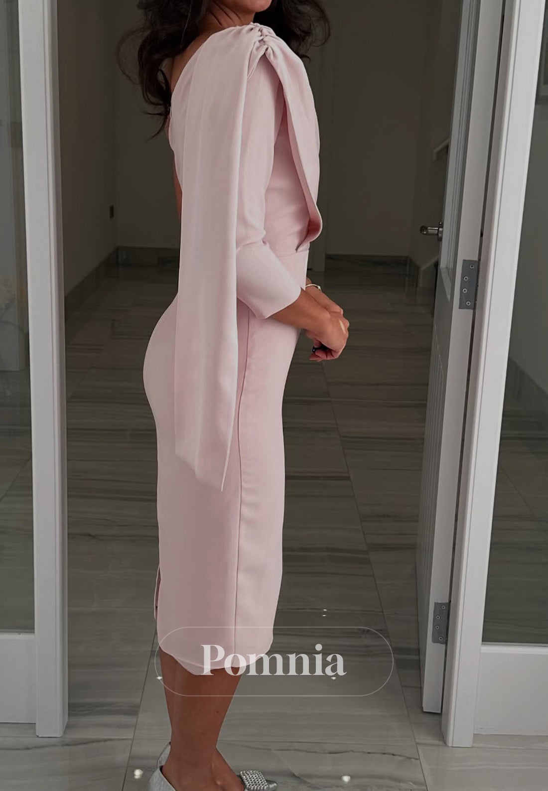 Blushing Pink One Shoulder Long Sleeves Ruched Mother of the Bride Dress